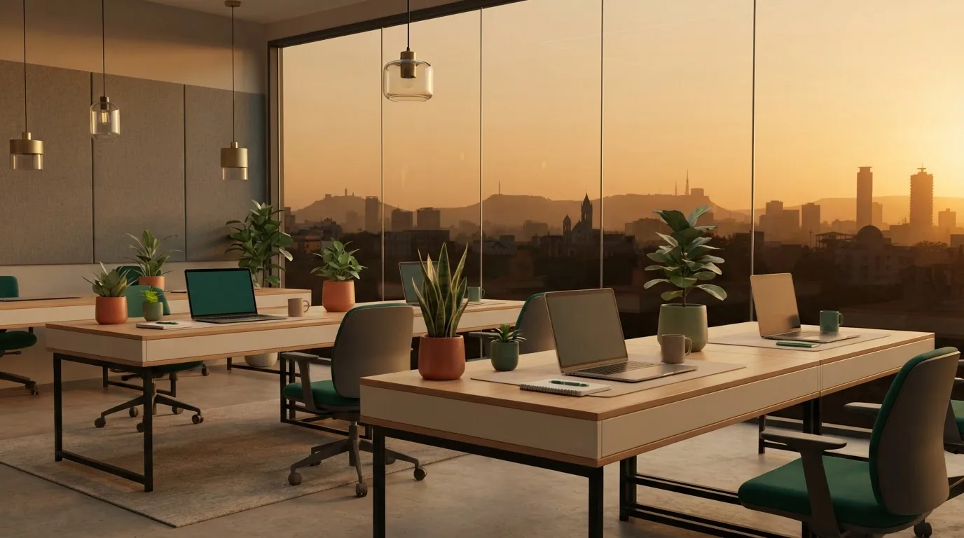 Warm workspace scene with plants, laptops and the Pune skyline through a window