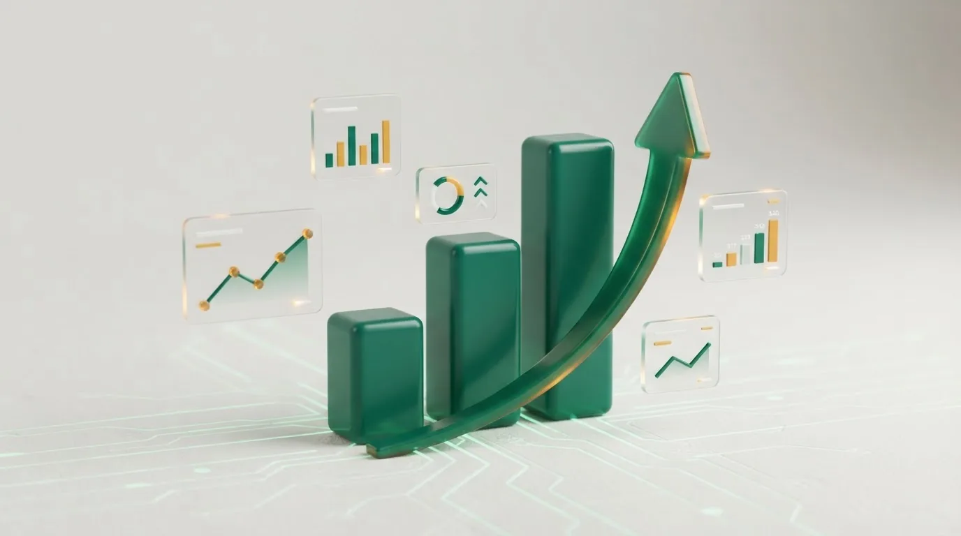 Abstract emerald growth composition with rising bars, an upward arrow and floating chart cards