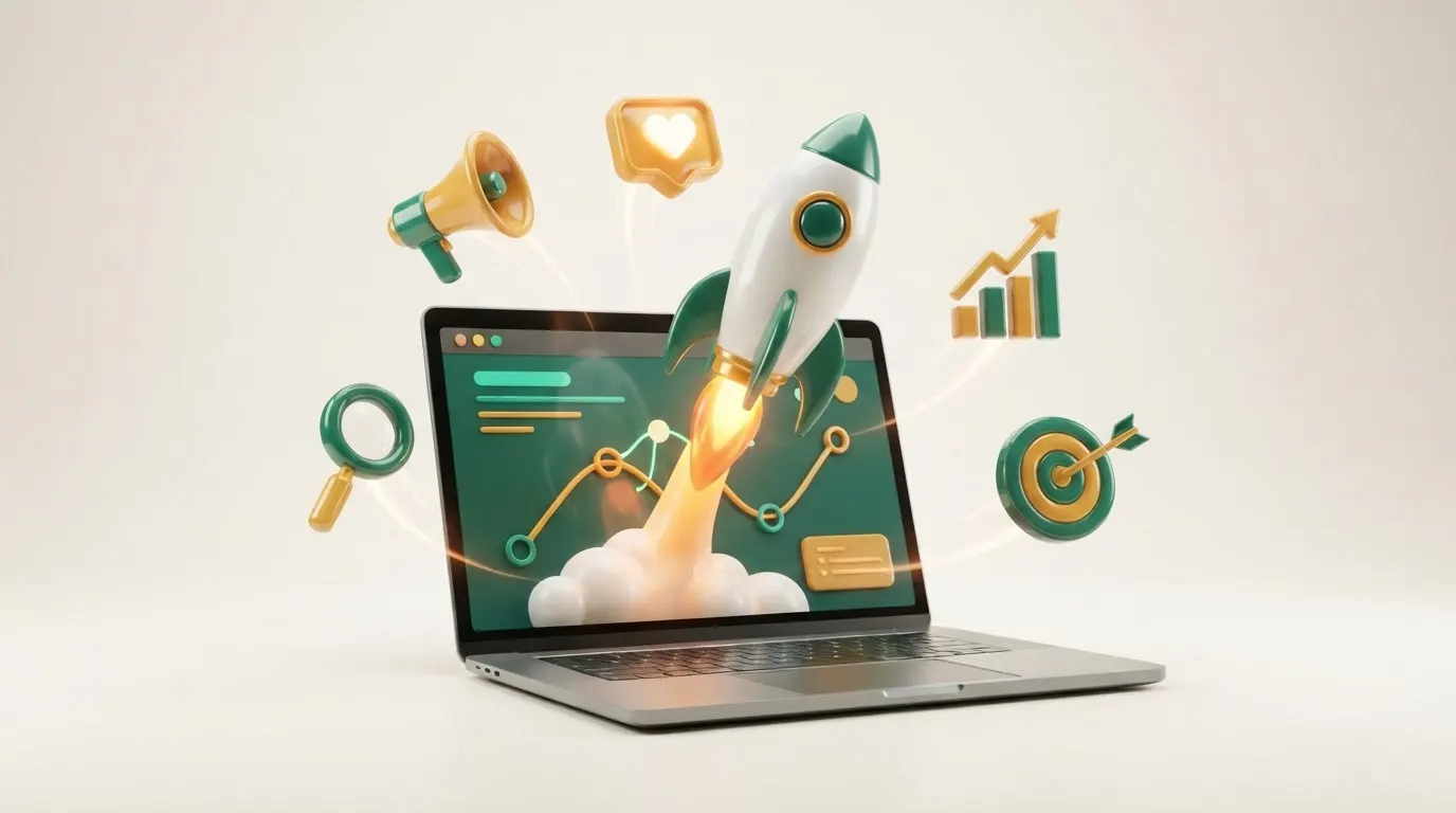 Ascending emerald analytics dashboard panels with a magnifying glass motif representing search-driven marketing growth