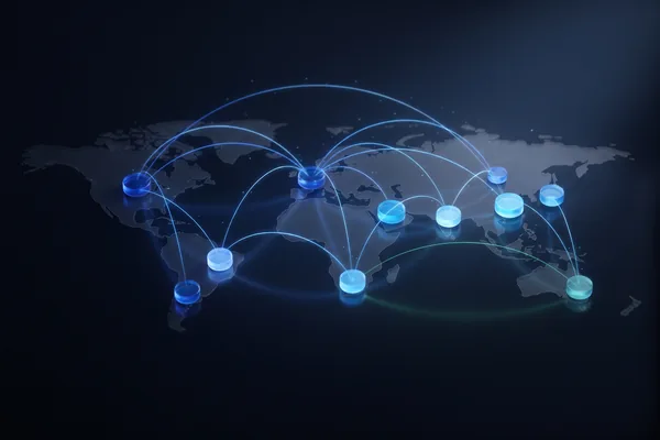 Glowing blue global supply-chain network map with a subtle green accent node, representing a 50-member offshore team saving $2M annually