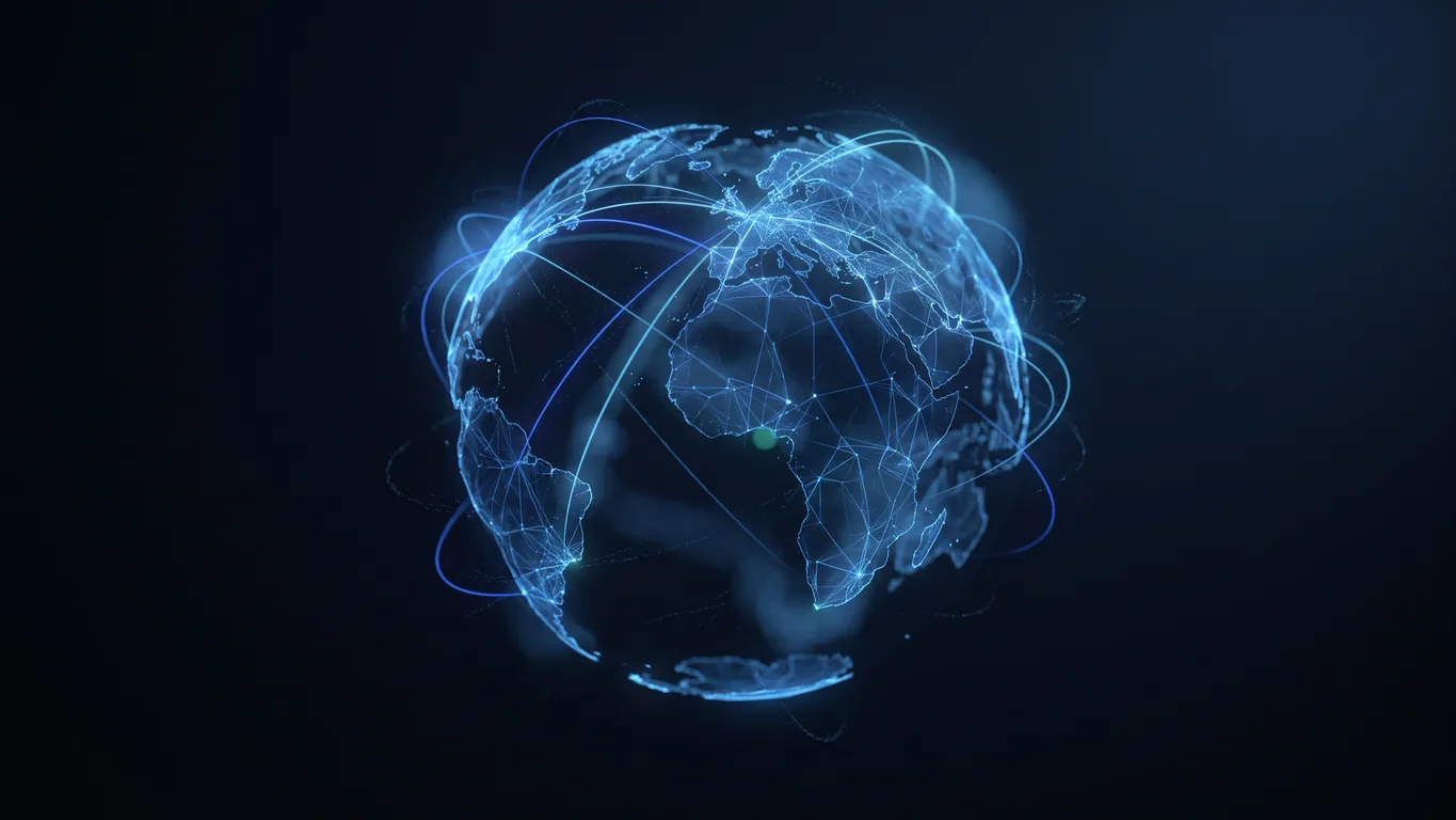 Glowing 3D global connectivity network with blue and sky-blue data arcs and a subtle green node across world continents