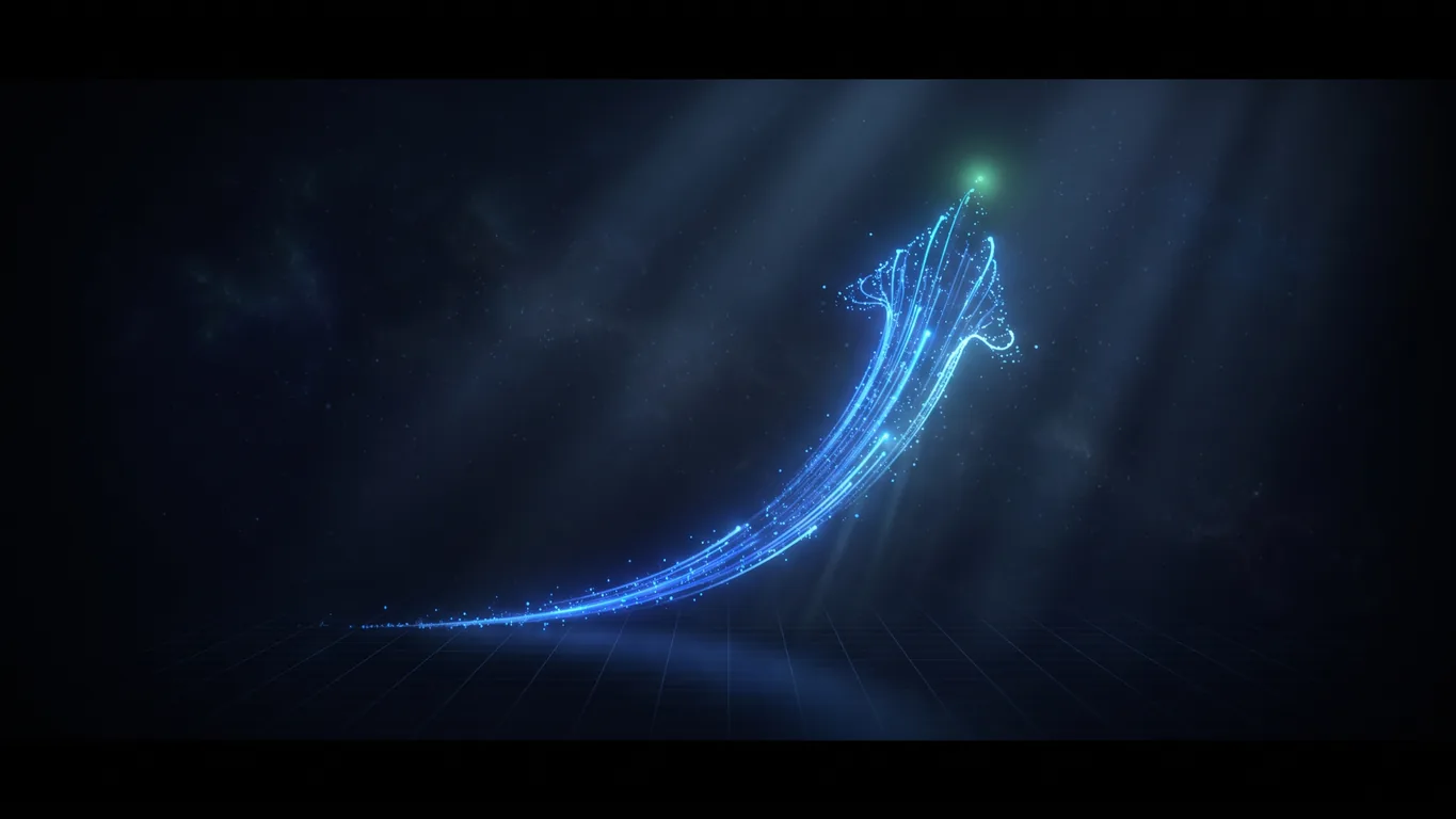 Exponential business growth curve of glowing blue light particles rising to a subtle green star on a dark grid background